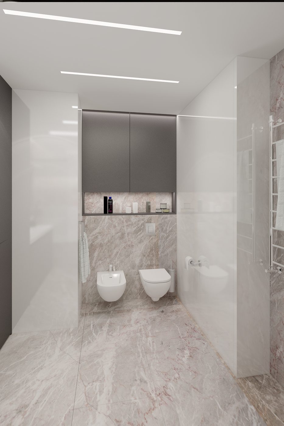 Double-sink bathroom with marble-look tile, Calgary renovation