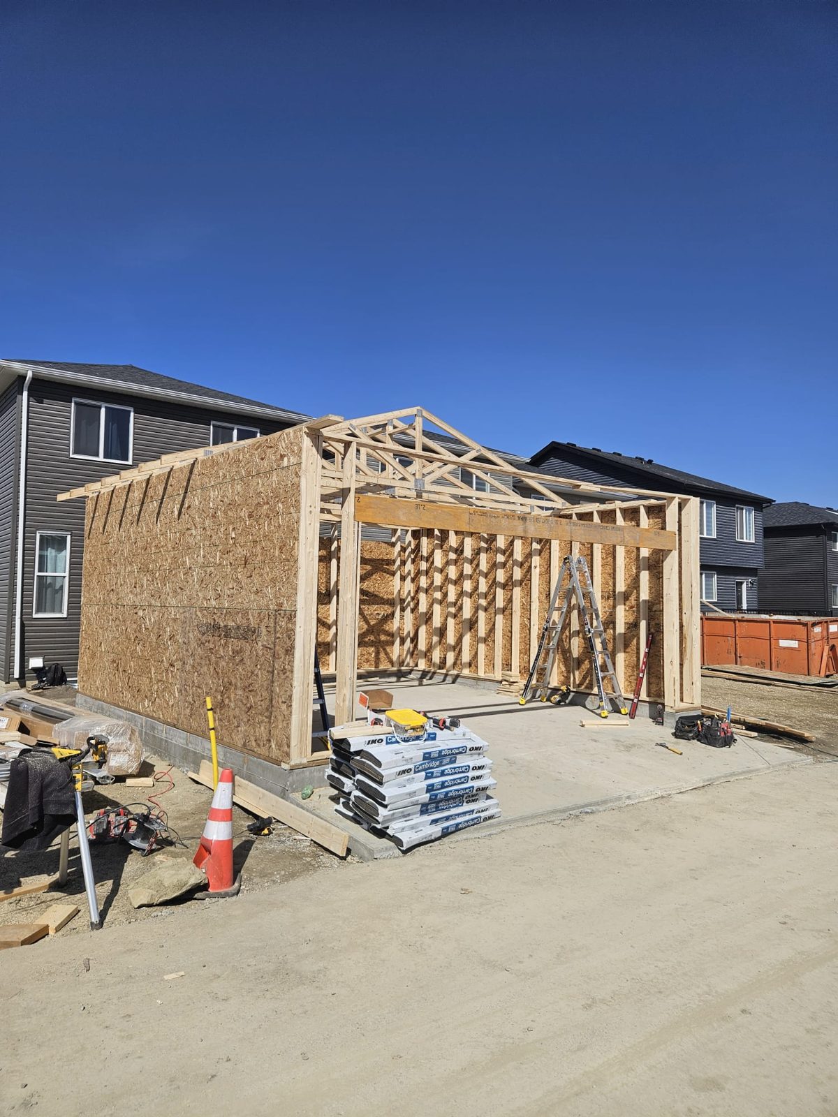 Exterior wall framing on Calgary job site